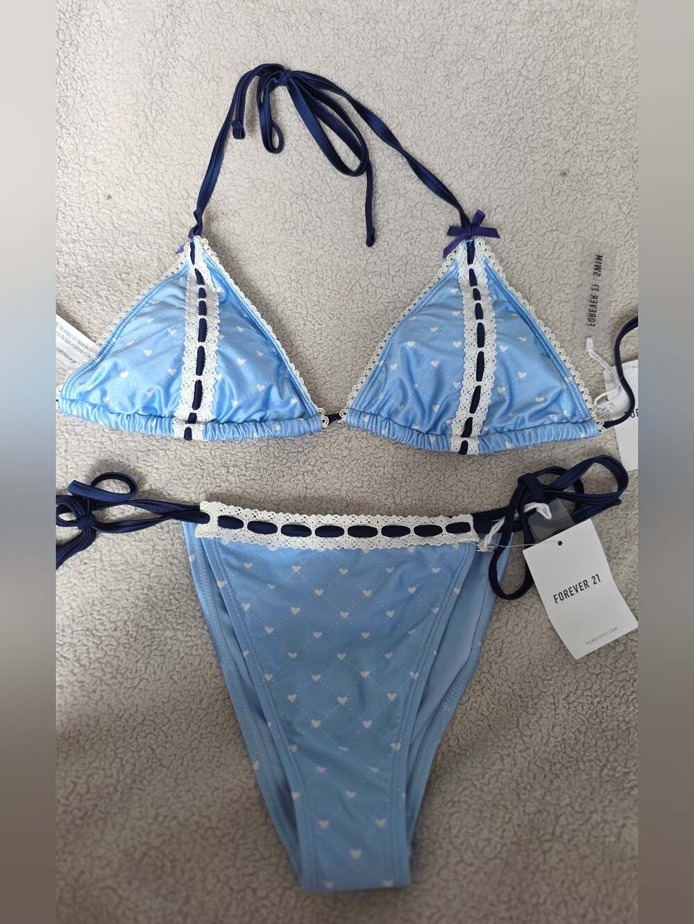 NWT Forever 21 Blue Heart Print Triangle Bikini with Navy Ties Top XL / Btm M